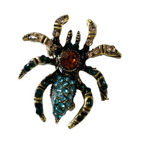 Multicolor Rhinestone Spider Brooch Gold Tone Teal Amber Insect Halloween Pin